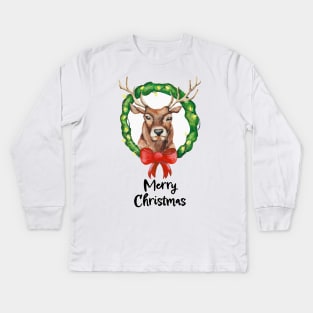 Watercolor - Christmas reindeer Kids Long Sleeve T-Shirt